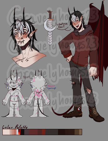 Example char sheet, changed to have 1 full body and 2 chibis. this was used for my artfight so not a great example qwq